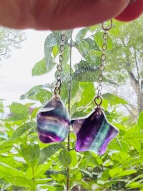 Natural Rainbow Fluorite Star Dangle Earrings Purple & Green Crystal Silver Tone